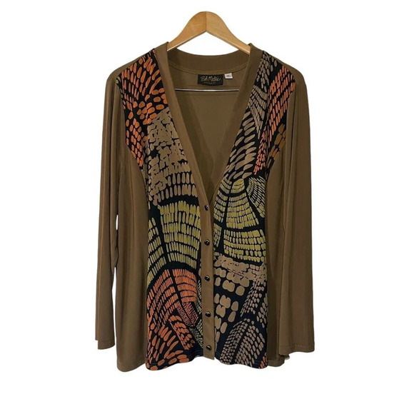 Bob Mackie Wearable Art Button Up XL Abstract Olive Green Orange Black Stretch - Picture 1 of 5